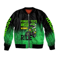 Green Dirt Bike Rider Bomber Jacket Forget Toys I Just Wanna Ride Quote and Custom Racing Name Design - Wonder Print Shop