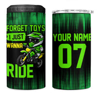 Green Dirt Bike Rider 4 in 1 Can Cooler Tumbler Forget Toys I Just Wanna Ride Quote and Custom Racing Name Design - Wonder Print Shop