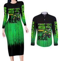Green Dirt Bike Rider Couples Matching Long Sleeve Bodycon Dress and Long Sleeve Button Shirt Forget Toys I Just Wanna Ride Quote and Custom Racing Name Design - Wonder Print Shop