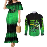 Green Dirt Bike Rider Couples Matching Mermaid Dress and Long Sleeve Button Shirt Forget Toys I Just Wanna Ride Quote and Custom Racing Name Design - Wonder Print Shop