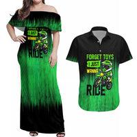 Green Dirt Bike Rider Couples Matching Off Shoulder Maxi Dress and Hawaiian Shirt Forget Toys I Just Wanna Ride Quote and Custom Racing Name Design - Wonder Print Shop
