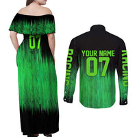 Green Dirt Bike Rider Couples Matching Off Shoulder Maxi Dress and Long Sleeve Button Shirt Forget Toys I Just Wanna Ride Quote and Custom Racing Name Design - Wonder Print Shop