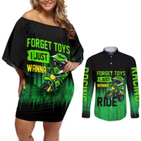 Green Dirt Bike Rider Couples Matching Off Shoulder Short Dress and Long Sleeve Button Shirt Forget Toys I Just Wanna Ride Quote and Custom Racing Name Design - Wonder Print Shop