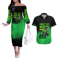 Green Dirt Bike Rider Couples Matching Off The Shoulder Long Sleeve Dress and Hawaiian Shirt Forget Toys I Just Wanna Ride Quote and Custom Racing Name Design - Wonder Print Shop