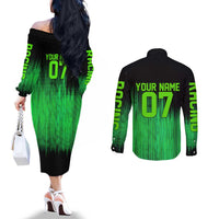 Green Dirt Bike Rider Couples Matching Off The Shoulder Long Sleeve Dress and Long Sleeve Button Shirt Forget Toys I Just Wanna Ride Quote and Custom Racing Name Design - Wonder Print Shop