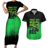 Green Dirt Bike Rider Couples Matching Short Sleeve Bodycon Dress and Hawaiian Shirt Forget Toys I Just Wanna Ride Quote and Custom Racing Name Design - Wonder Print Shop