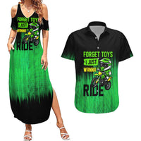 Green Dirt Bike Rider Couples Matching Summer Maxi Dress and Hawaiian Shirt Forget Toys I Just Wanna Ride Quote and Custom Racing Name Design - Wonder Print Shop