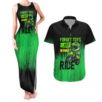 Green Dirt Bike Rider Couples Matching Tank Maxi Dress and Hawaiian Shirt Forget Toys I Just Wanna Ride Quote and Custom Racing Name Design - Wonder Print Shop