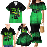 Green Dirt Bike Rider Family Matching Mermaid Dress and Hawaiian Shirt Forget Toys I Just Wanna Ride Quote and Custom Racing Name Design - Wonder Print Shop