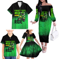 Green Dirt Bike Rider Family Matching Off The Shoulder Long Sleeve Dress and Hawaiian Shirt Forget Toys I Just Wanna Ride Quote and Custom Racing Name Design - Wonder Print Shop