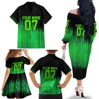 Green Dirt Bike Rider Family Matching Off The Shoulder Long Sleeve Dress and Hawaiian Shirt Forget Toys I Just Wanna Ride Quote and Custom Racing Name Design - Wonder Print Shop