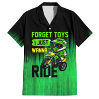 Green Dirt Bike Rider Family Matching Off The Shoulder Long Sleeve Dress and Hawaiian Shirt Forget Toys I Just Wanna Ride Quote and Custom Racing Name Design - Wonder Print Shop