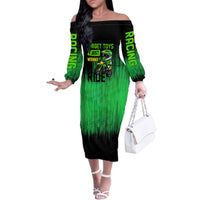 Green Dirt Bike Rider Family Matching Off The Shoulder Long Sleeve Dress and Hawaiian Shirt Forget Toys I Just Wanna Ride Quote and Custom Racing Name Design - Wonder Print Shop