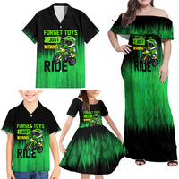 Green Dirt Bike Rider Family Matching Off Shoulder Maxi Dress and Hawaiian Shirt Forget Toys I Just Wanna Ride Quote and Custom Racing Name Design - Wonder Print Shop