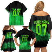 Green Dirt Bike Rider Family Matching Off Shoulder Short Dress and Hawaiian Shirt Forget Toys I Just Wanna Ride Quote and Custom Racing Name Design - Wonder Print Shop