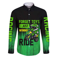 Green Dirt Bike Rider Family Matching Short Sleeve Bodycon Dress and Hawaiian Shirt Forget Toys I Just Wanna Ride Quote and Custom Racing Name Design - Wonder Print Shop