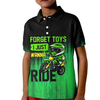 Green Dirt Bike Rider Kid Polo Shirt Forget Toys I Just Wanna Ride Quote and Custom Racing Name Design - Wonder Print Shop