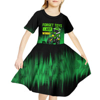 Green Dirt Bike Rider Kid Short Sleeve Dress Forget Toys I Just Wanna Ride Quote and Custom Racing Name Design - Wonder Print Shop
