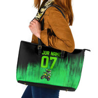 Green Dirt Bike Rider Leather Tote Bag Forget Toys I Just Wanna Ride Quote and Custom Racing Name Design - Wonder Print Shop