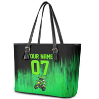 Green Dirt Bike Rider Leather Tote Bag Forget Toys I Just Wanna Ride Quote and Custom Racing Name Design - Wonder Print Shop