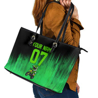 Green Dirt Bike Rider Leather Tote Bag Forget Toys I Just Wanna Ride Quote and Custom Racing Name Design - Wonder Print Shop