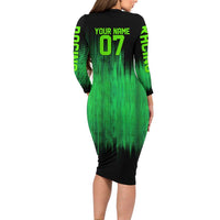 Green Dirt Bike Rider Long Sleeve Bodycon Dress Forget Toys I Just Wanna Ride Quote and Custom Racing Name Design - Wonder Print Shop