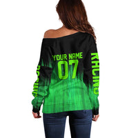 Green Dirt Bike Rider Off Shoulder Sweater Forget Toys I Just Wanna Ride Quote and Custom Racing Name Design - Wonder Print Shop