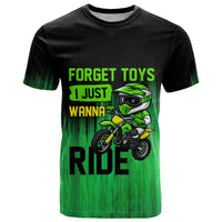 Green Dirt Bike Rider T Shirt Forget Toys I Just Wanna Ride Quote and Custom Racing Name Design - Wonder Print Shop