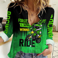 Green Dirt Bike Rider Women Casual Shirt Forget Toys I Just Wanna Ride Quote and Custom Racing Name Design - Wonder Print Shop