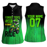 Green Dirt Bike Rider Women Sleeveless Polo Shirt Forget Toys I Just Wanna Ride Quote and Custom Racing Name Design - Wonder Print Shop