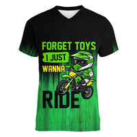 Green Dirt Bike Rider Women V-Neck T-Shirt Forget Toys I Just Wanna Ride Quote and Custom Racing Name Design - Wonder Print Shop
