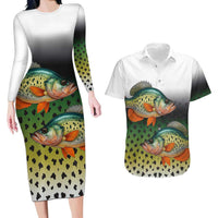 Colorful Crappie Fishing Green Scales Couples Matching Long Sleeve Bodycon Dress and Hawaiian Shirt Gradient Camo Pattern and Custom Name Fishing - Wonder Print Shop