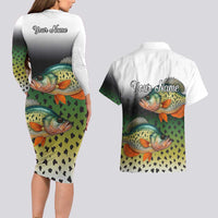 Colorful Crappie Fishing Green Scales Couples Matching Long Sleeve Bodycon Dress and Hawaiian Shirt Gradient Camo Pattern and Custom Name Fishing - Wonder Print Shop