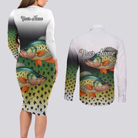Colorful Crappie Fishing Green Scales Couples Matching Long Sleeve Bodycon Dress and Long Sleeve Button Shirt Gradient Camo Pattern and Custom Name Fishing - Wonder Print Shop