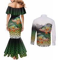 Colorful Crappie Fishing Green Scales Couples Matching Mermaid Dress and Long Sleeve Button Shirt Gradient Camo Pattern and Custom Name Fishing - Wonder Print Shop