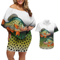 Colorful Crappie Fishing Green Scales Couples Matching Off Shoulder Short Dress and Hawaiian Shirt Gradient Camo Pattern and Custom Name Fishing - Wonder Print Shop