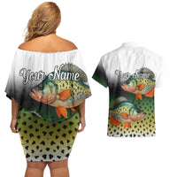 Colorful Crappie Fishing Green Scales Couples Matching Off Shoulder Short Dress and Hawaiian Shirt Gradient Camo Pattern and Custom Name Fishing - Wonder Print Shop
