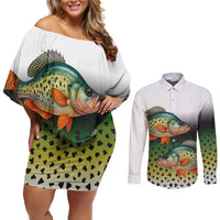 Colorful Crappie Fishing Green Scales Couples Matching Off Shoulder Short Dress and Long Sleeve Button Shirt Gradient Camo Pattern and Custom Name Fishing - Wonder Print Shop