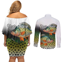 Colorful Crappie Fishing Green Scales Couples Matching Off Shoulder Short Dress and Long Sleeve Button Shirt Gradient Camo Pattern and Custom Name Fishing - Wonder Print Shop