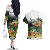 Colorful Crappie Fishing Green Scales Couples Matching Off The Shoulder Long Sleeve Dress and Hawaiian Shirt Gradient Camo Pattern and Custom Name Fishing - Wonder Print Shop