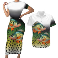Colorful Crappie Fishing Green Scales Couples Matching Short Sleeve Bodycon Dress and Hawaiian Shirt Gradient Camo Pattern and Custom Name Fishing - Wonder Print Shop