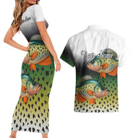 Colorful Crappie Fishing Green Scales Couples Matching Short Sleeve Bodycon Dress and Hawaiian Shirt Gradient Camo Pattern and Custom Name Fishing - Wonder Print Shop