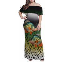Colorful Crappie Fishing Green Scales Family Matching Off Shoulder Maxi Dress and Hawaiian Shirt Gradient Camo Pattern and Custom Name Fishing - Wonder Print Shop