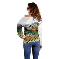 Colorful Crappie Fishing Green Scales Off Shoulder Sweater Gradient Camo Pattern and Custom Name Fishing - Wonder Print Shop