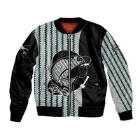 Striped Bass Jumping Graphic Bomber Jacket Rod Reel and Airplane on Fish Scale Pattern - Wonder Print Shop