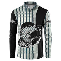Striped Bass Jumping Graphic Button Sweatshirt Rod Reel and Airplane on Fish Scale Pattern - Wonder Print Shop