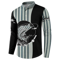 Striped Bass Jumping Graphic Button Sweatshirt Rod Reel and Airplane on Fish Scale Pattern - Wonder Print Shop