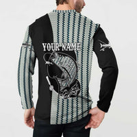 Striped Bass Jumping Graphic Button Sweatshirt Rod Reel and Airplane on Fish Scale Pattern - Wonder Print Shop