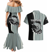 Striped Bass Jumping Graphic Couples Matching Mermaid Dress and Hawaiian Shirt Rod Reel and Airplane on Fish Scale Pattern - Wonder Print Shop