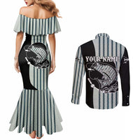 Striped Bass Jumping Graphic Couples Matching Mermaid Dress and Long Sleeve Button Shirt Rod Reel and Airplane on Fish Scale Pattern - Wonder Print Shop